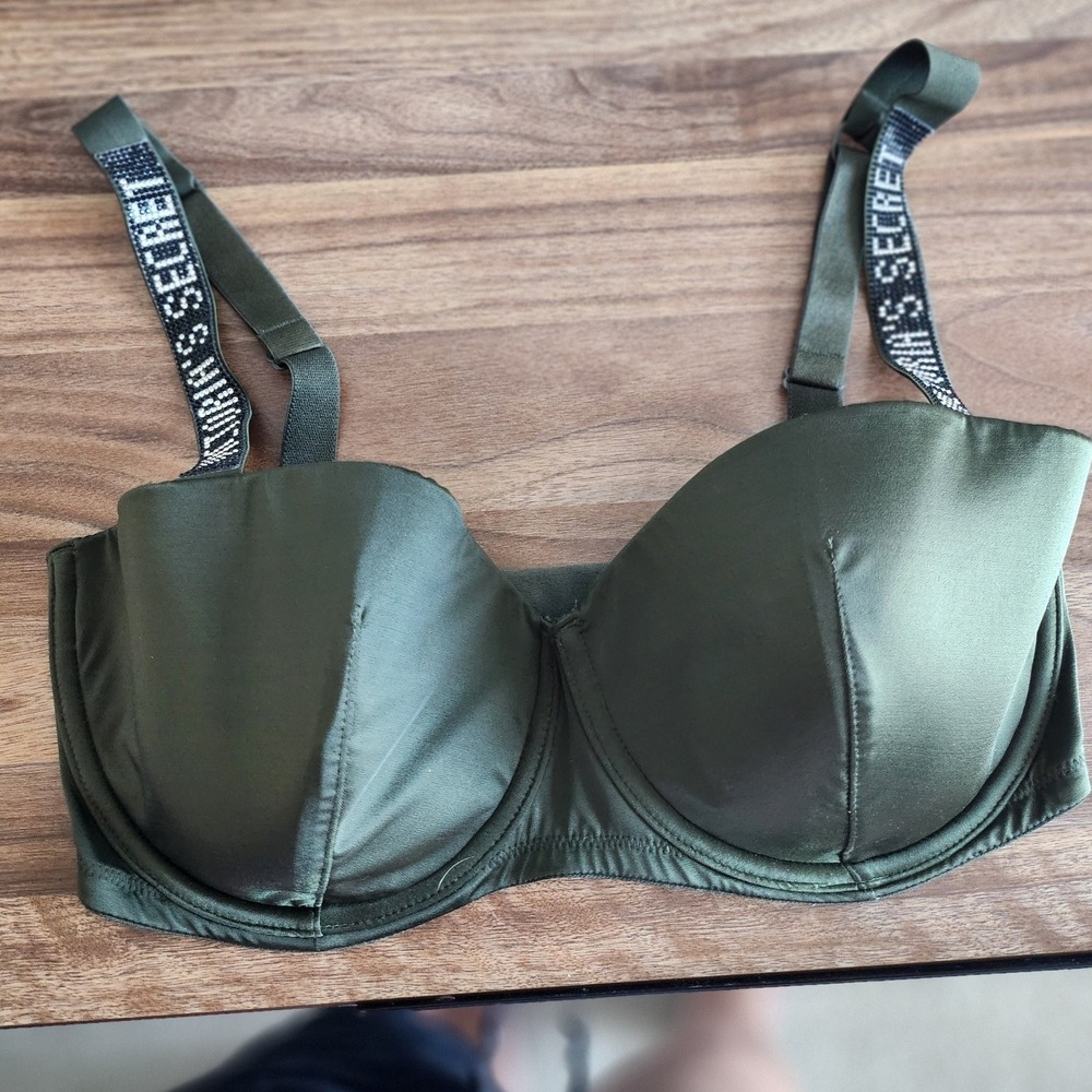 Victorias Secret Shine Strap Push Up Bra Olive Green Rhinestone 34DDD 402888-8RZ